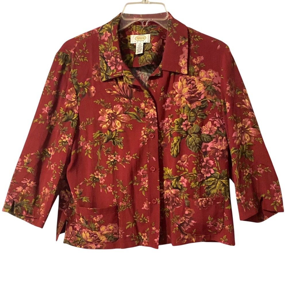 Talbots Petites Red Floral Print Button Front Jacket Women Sz 12 Quarter Sleeve